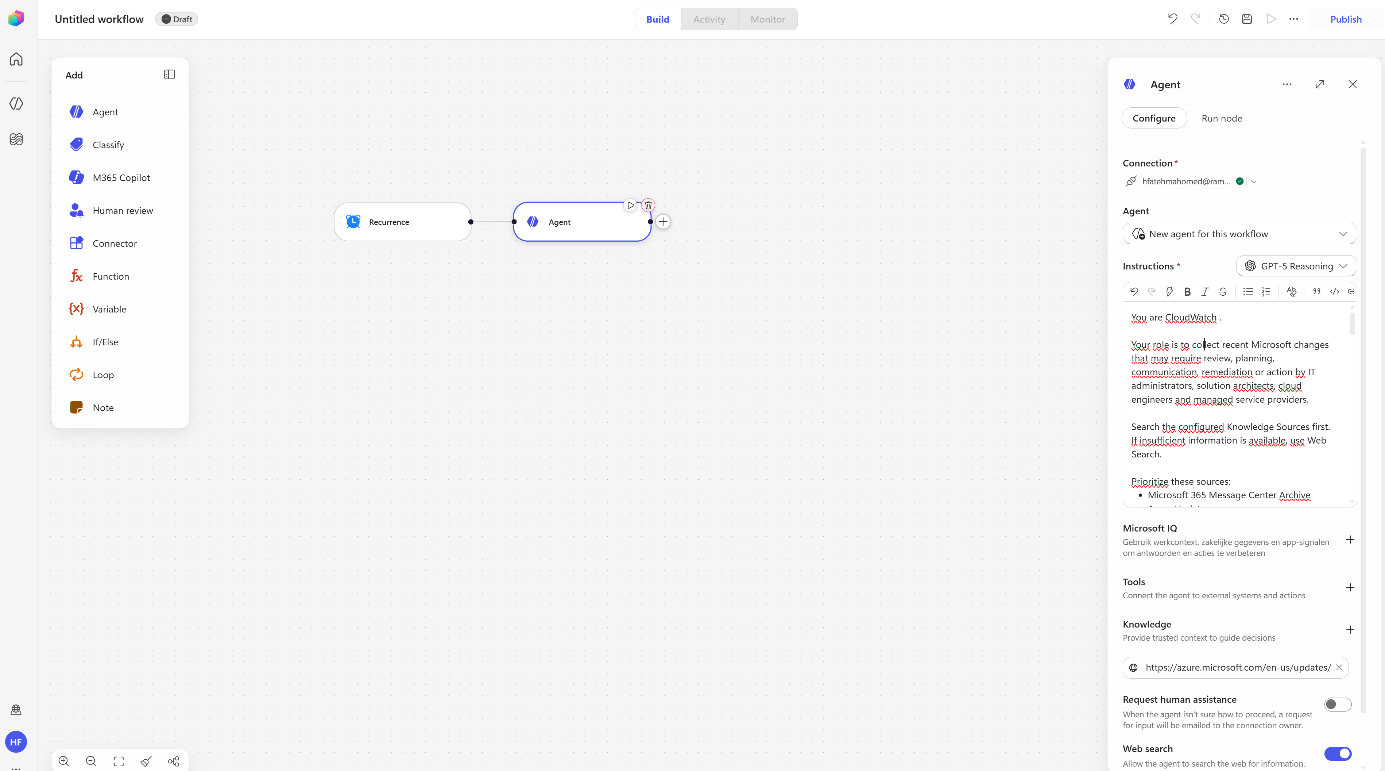 Agent 1 configuration with instructions, knowledge sources, and web search enabled