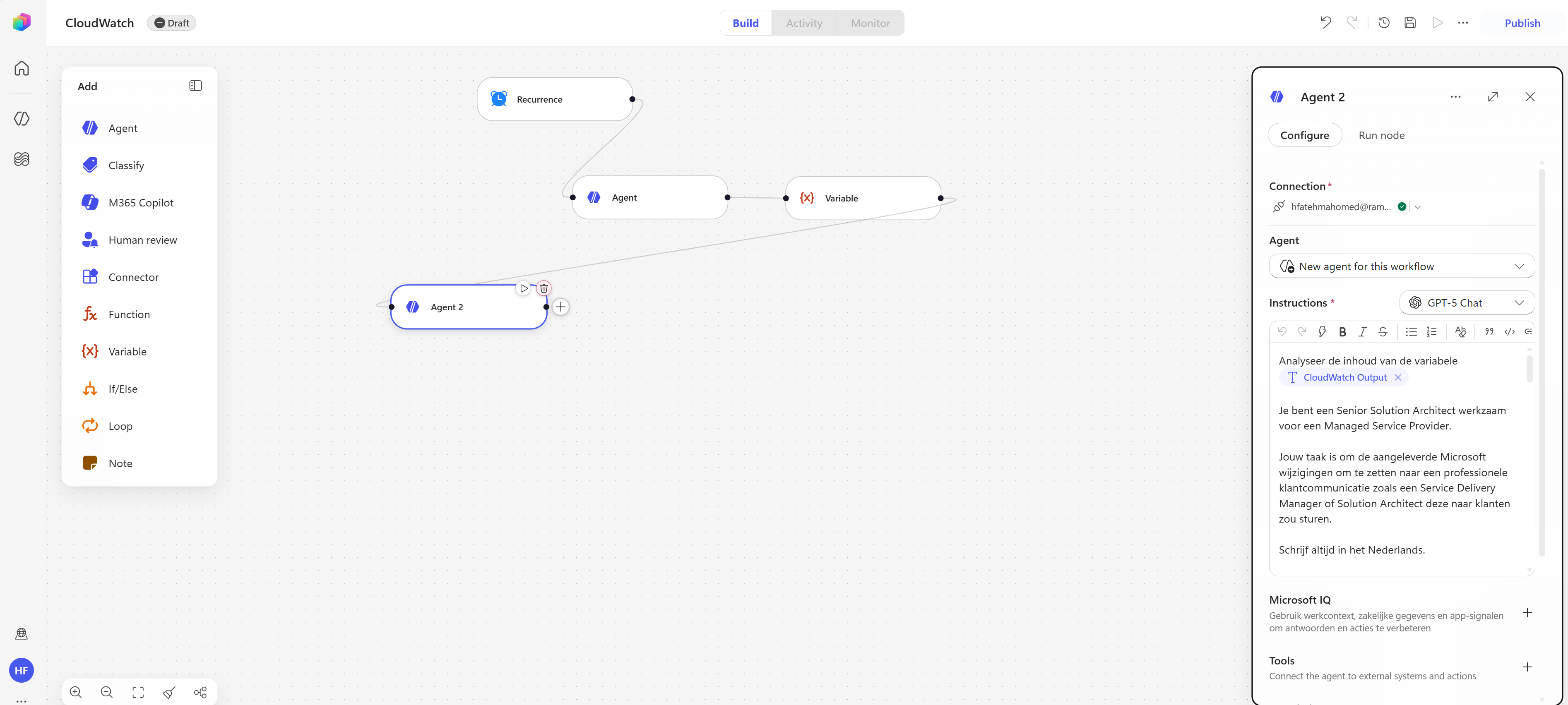 Agent 2 configuration, analyzing the CloudWatch Output variable