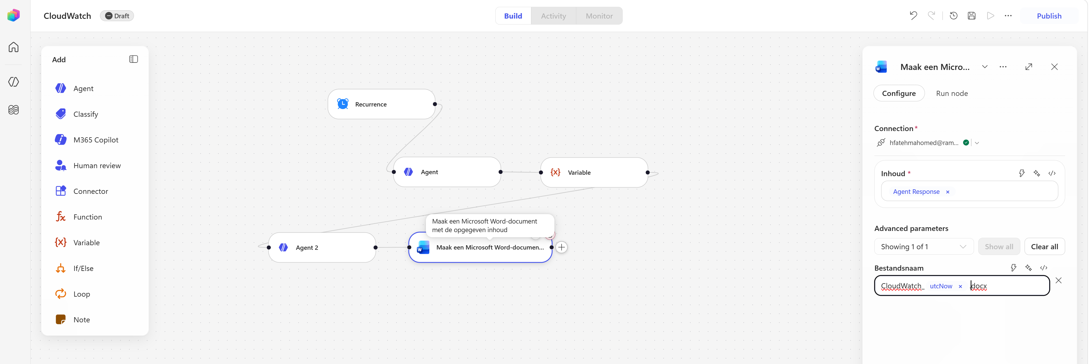 Create Microsoft Word document action, wired to Agent 2’s response