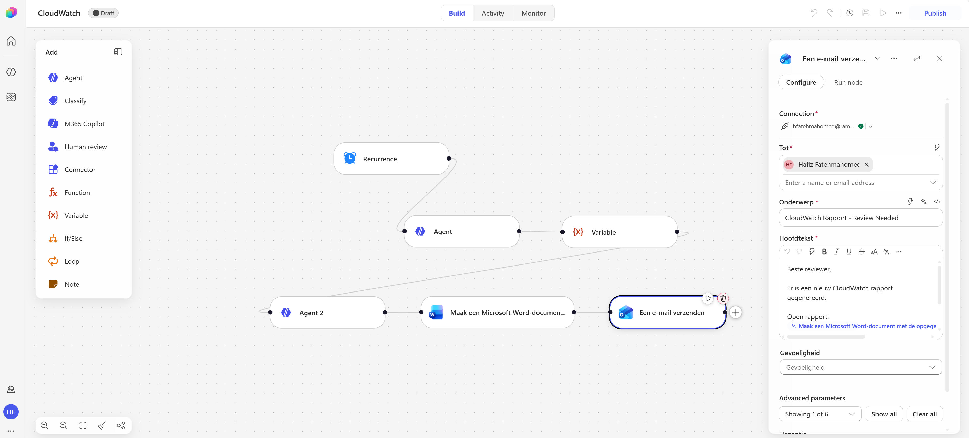 Send an email action configuration