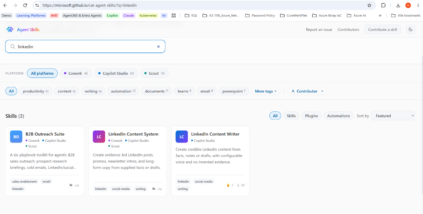 Agent Skills catalogue filtered to LinkedIn, showing matching skills