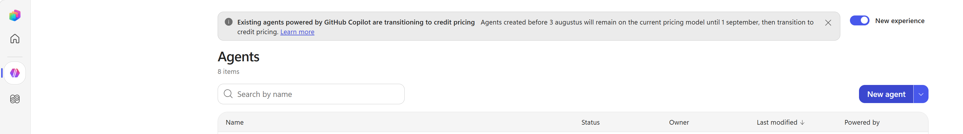 Copilot Studio Agents overview with the New agent button