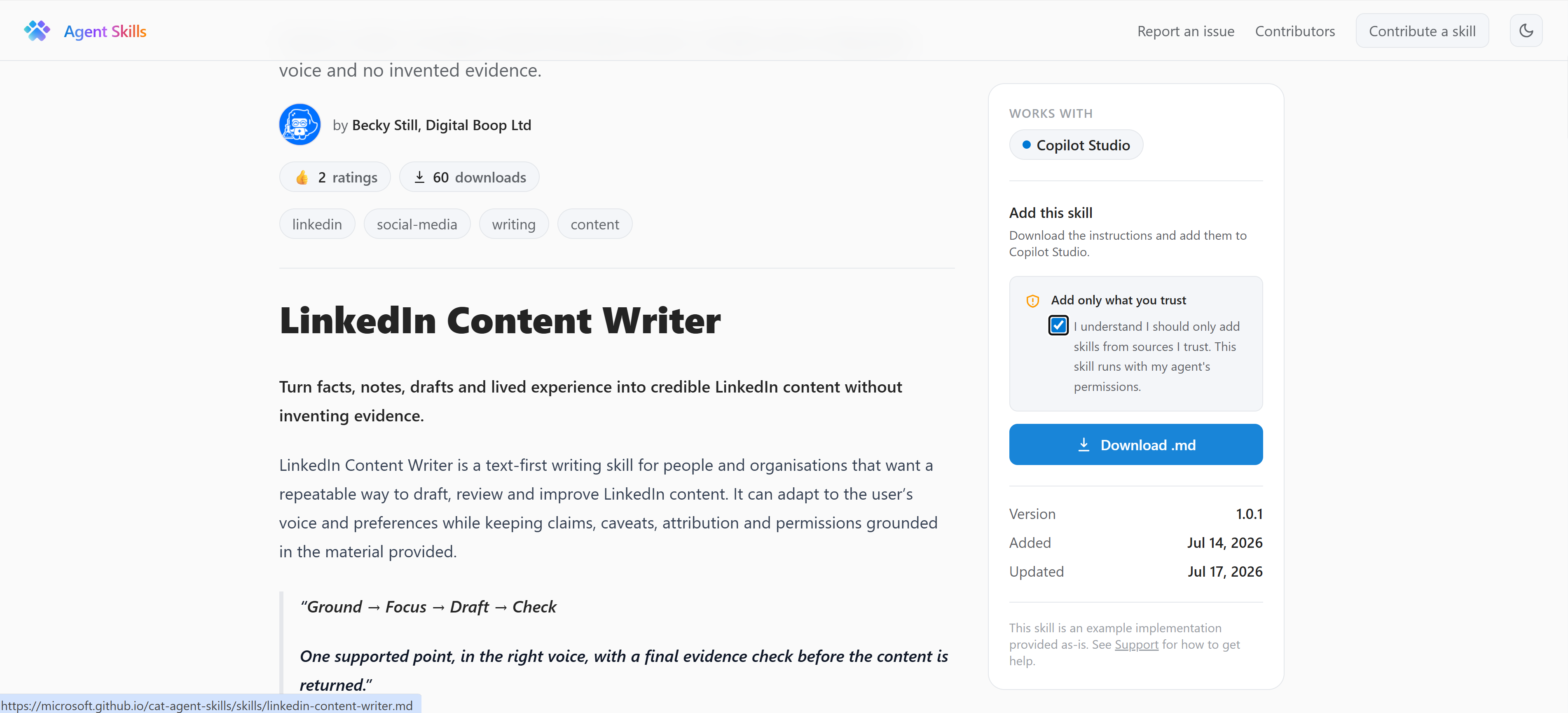 LinkedIn Content Writer skill page with the Download .md button