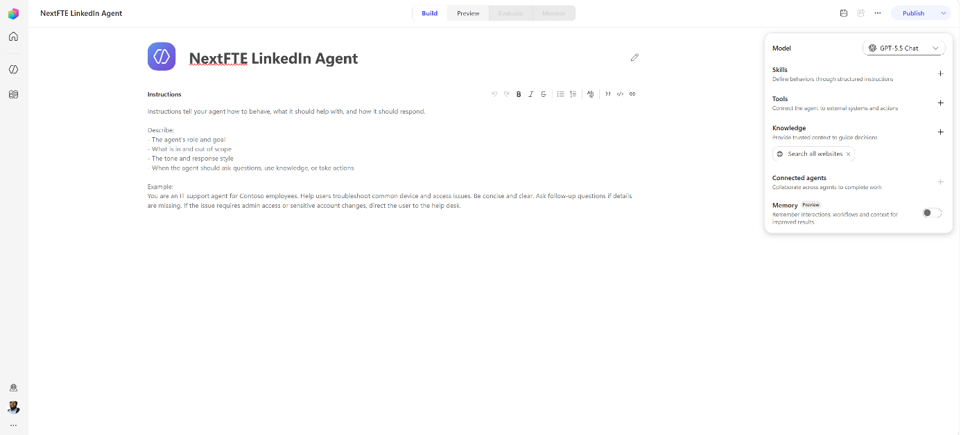 New agent created with name set and the default instructions placeholder