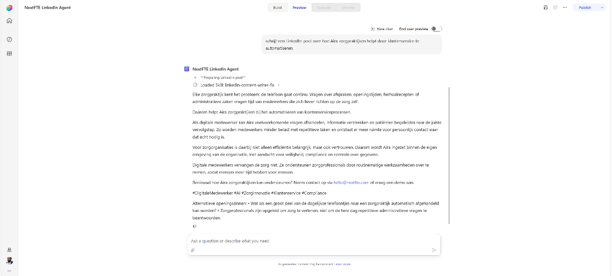 Generated LinkedIn post in the preview chat, ending with a CTA and hashtags