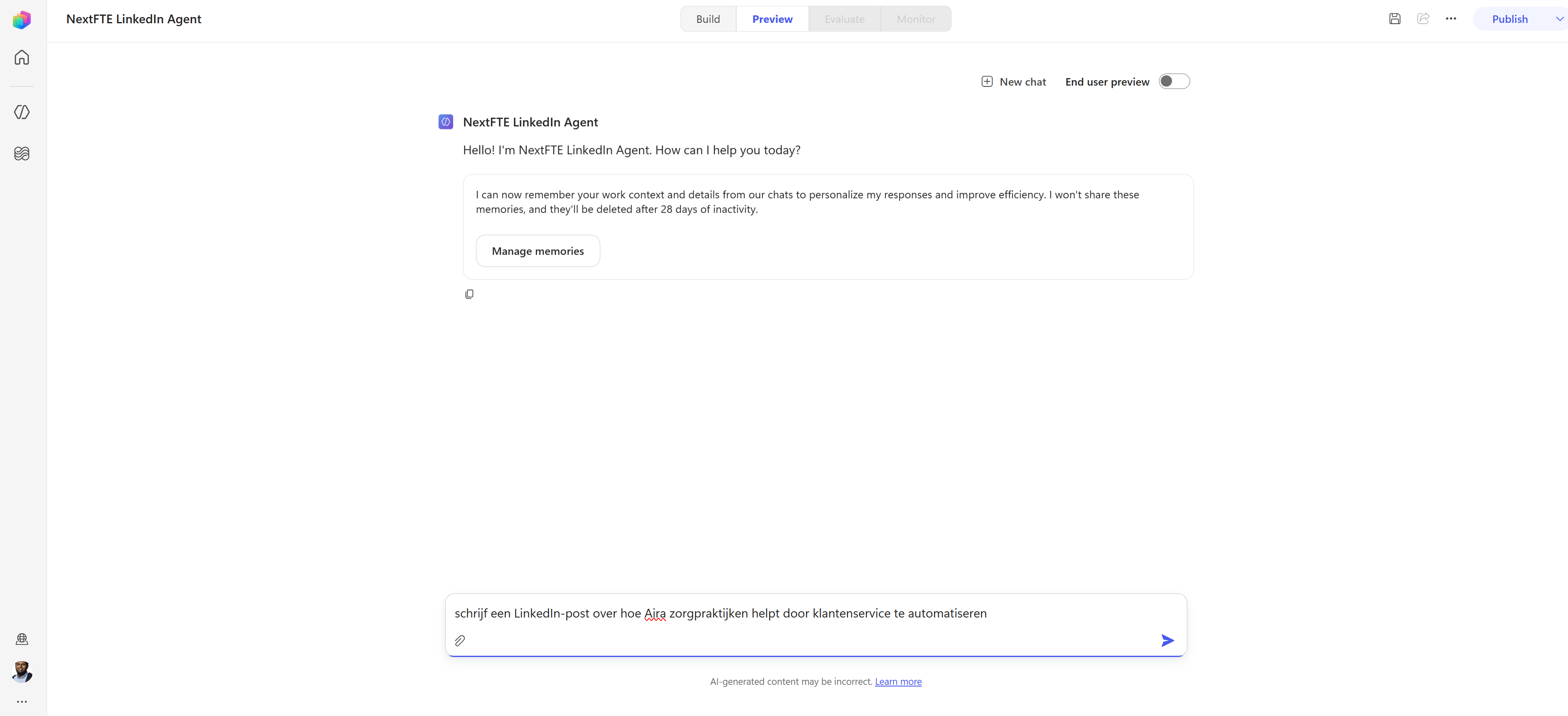 Preview tab with the test prompt typed into the chat box