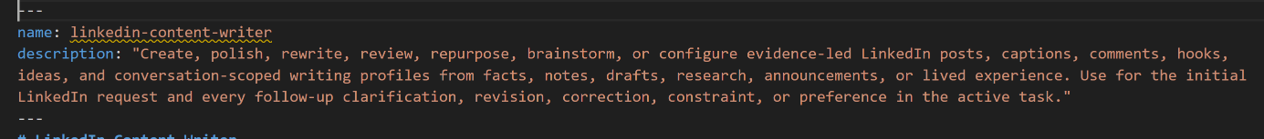 SKILL.md front matter showing name: linkedin-content-writer and its description