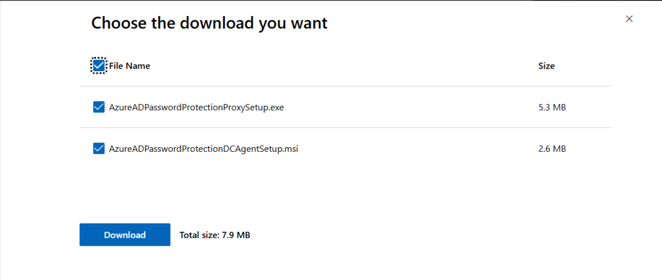 Download dialog — select both AzureADPasswordProtectionProxySetup.exe and AzureADPasswordProtectionDCAgentSetup.msi