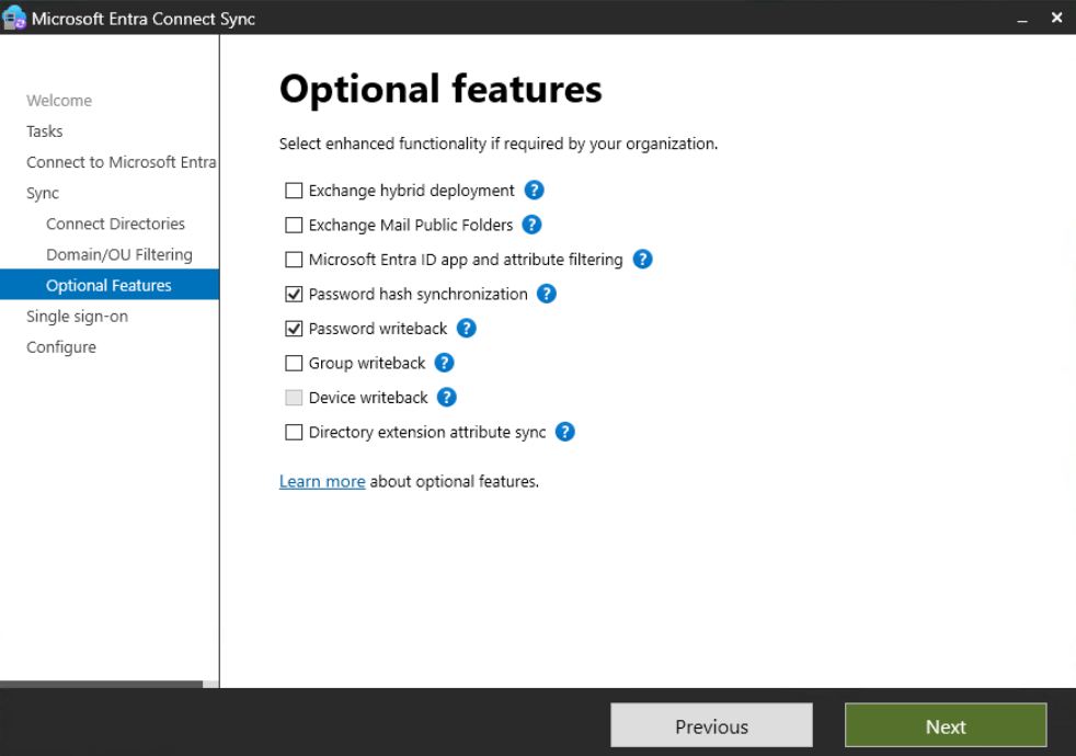 Entra Connect Sync — Optional Features with Password writeback checked