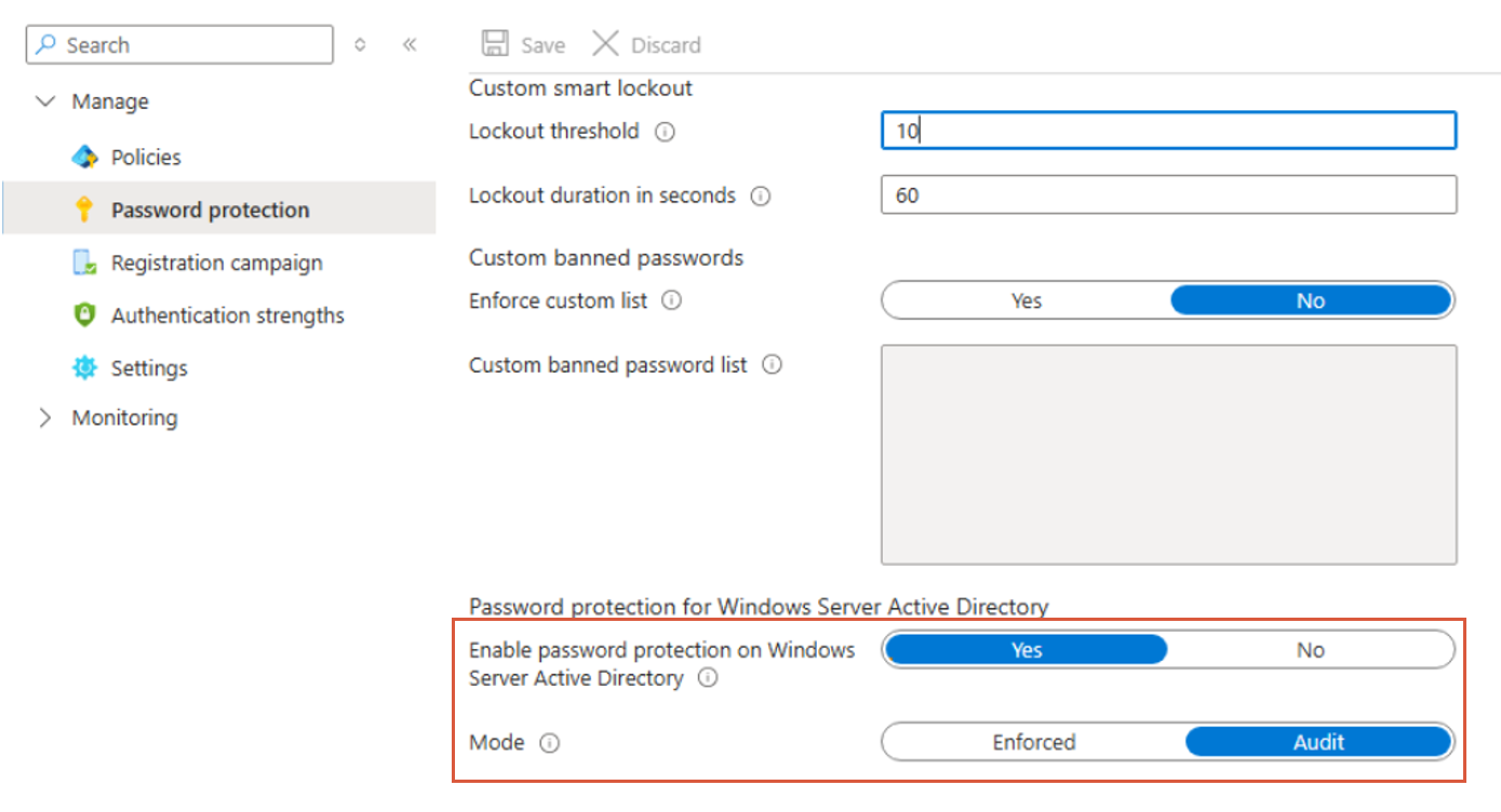 Entra portal — Password protection settings with AD protection enabled and mode set to Audit