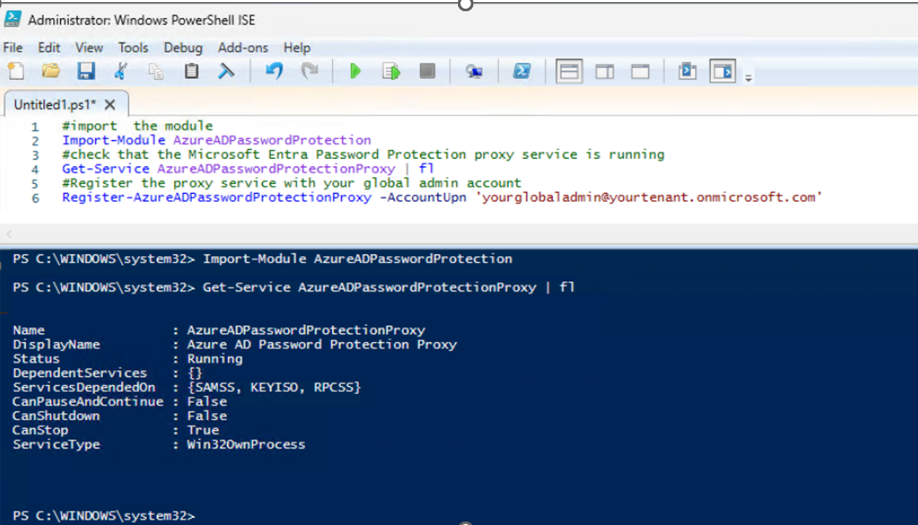 PowerShell — importing module, verifying service, and registering proxy