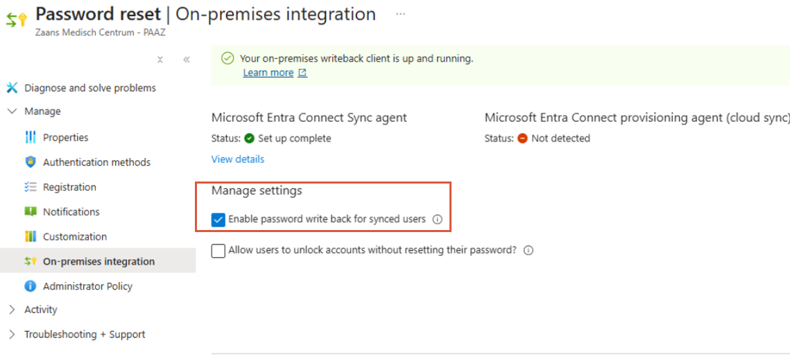 SSPR On-premises integration — Enable password write back for synced users enabled