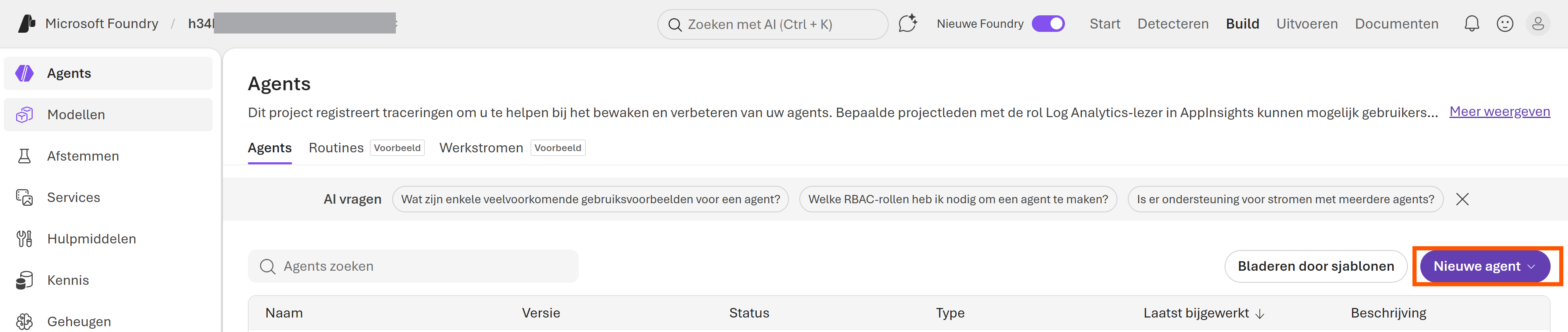 Agents overview with the “New agent” button