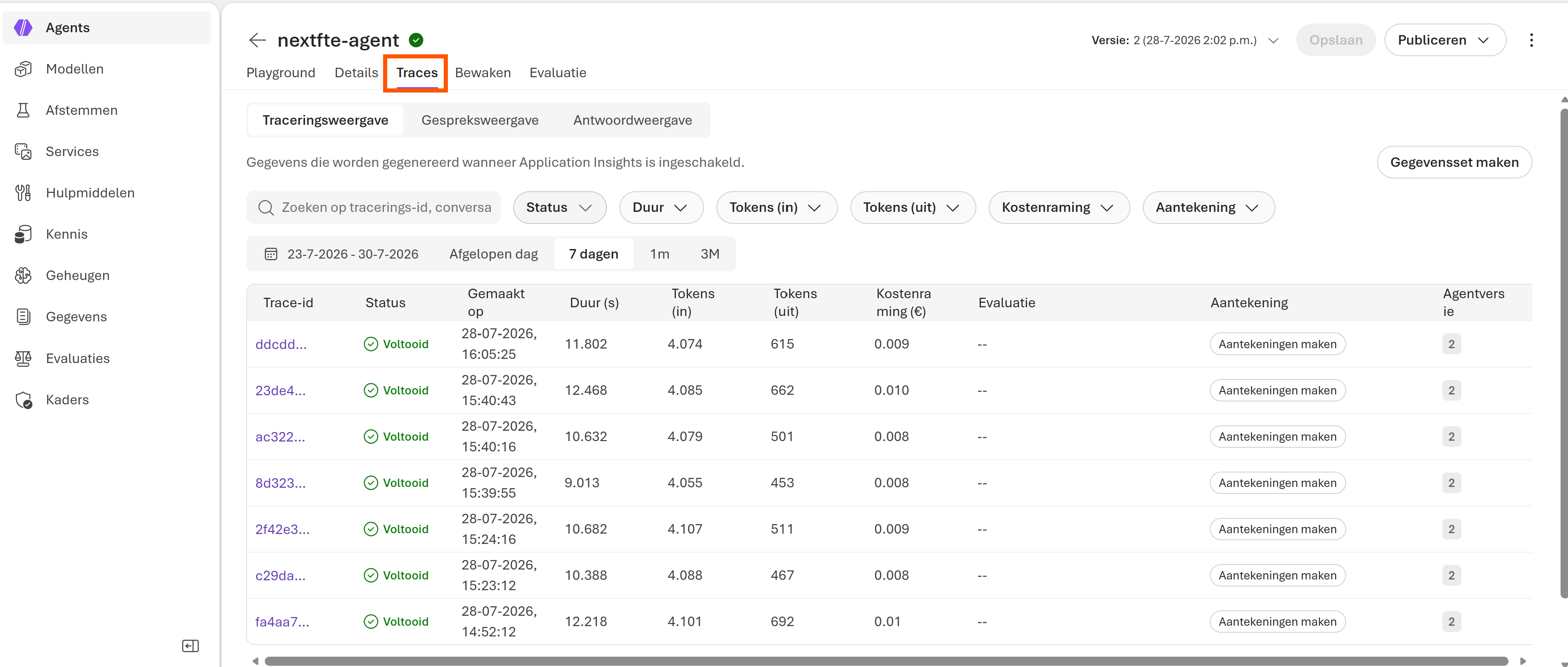 Traces overview with status, duration, tokens, and cost