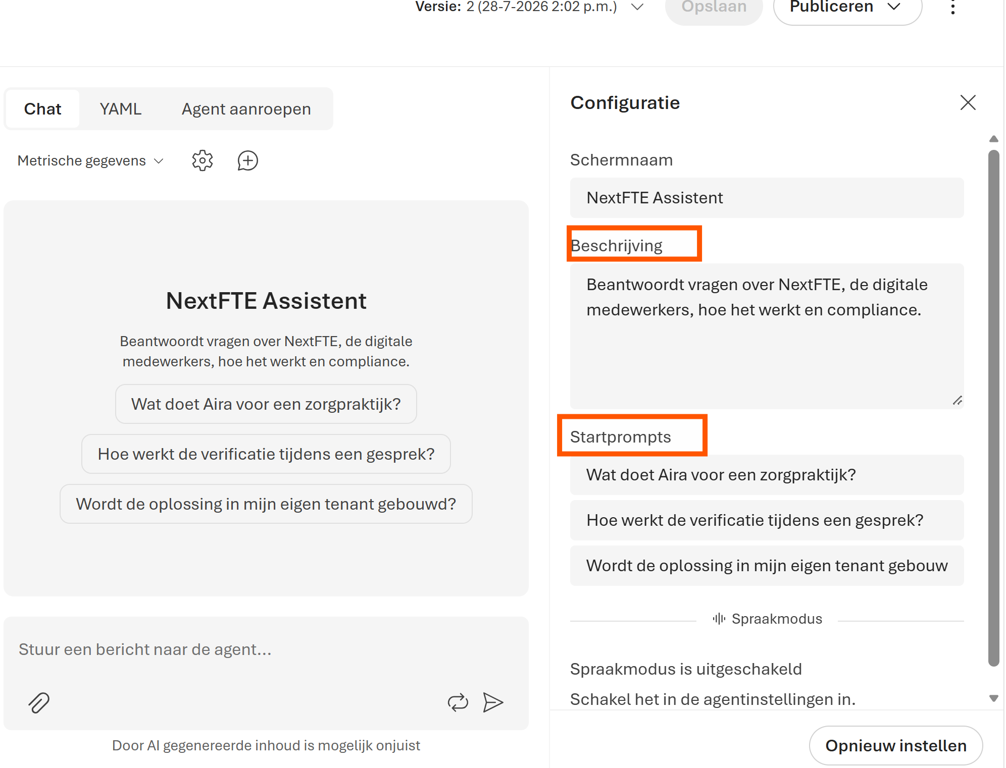 Configuration panel: Display name, Description, and Starter prompts