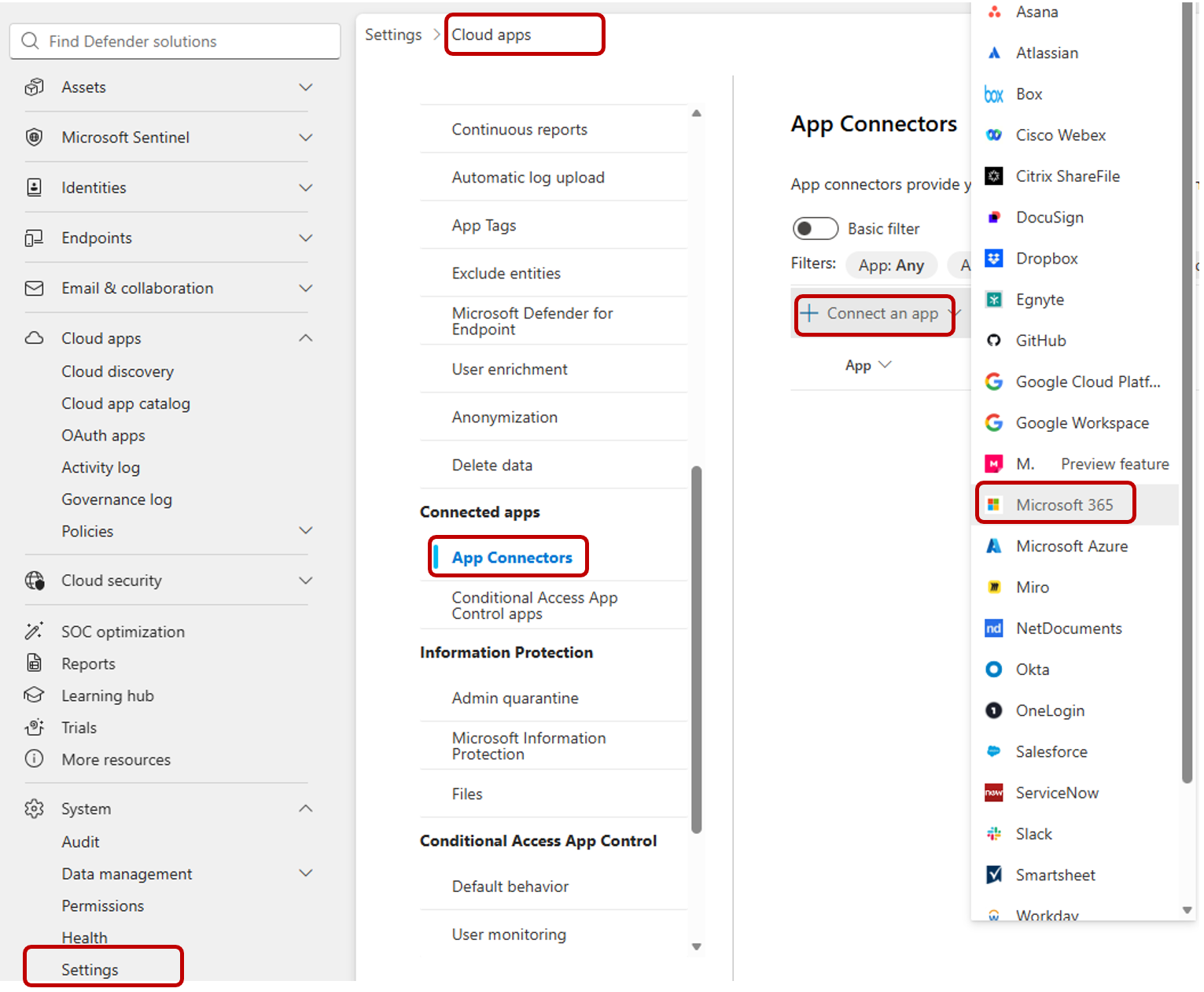 MDCA App Connectors settings