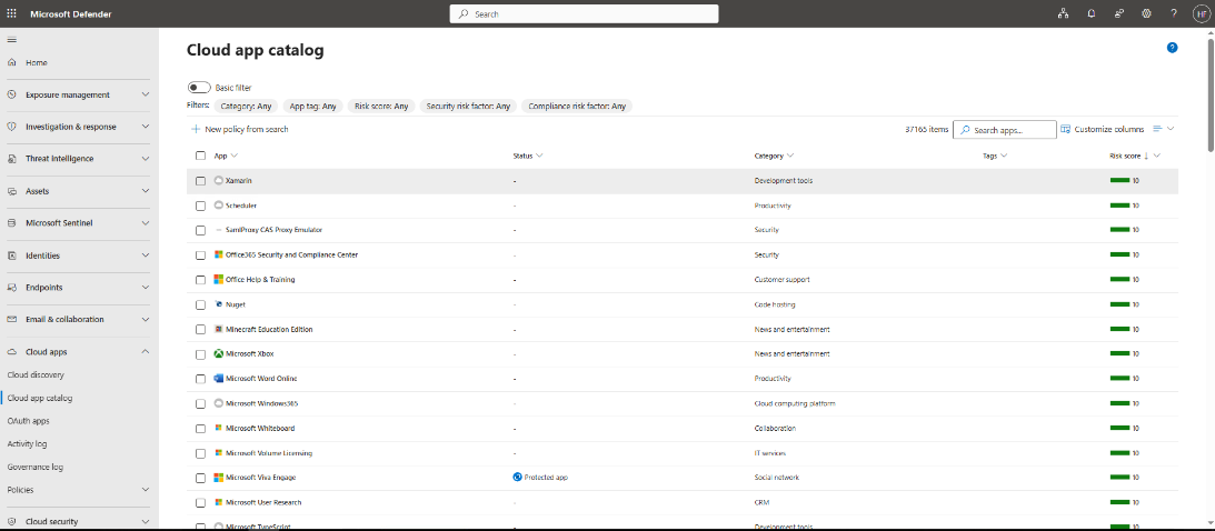 Cloud app catalog showing discovered apps with risk scores