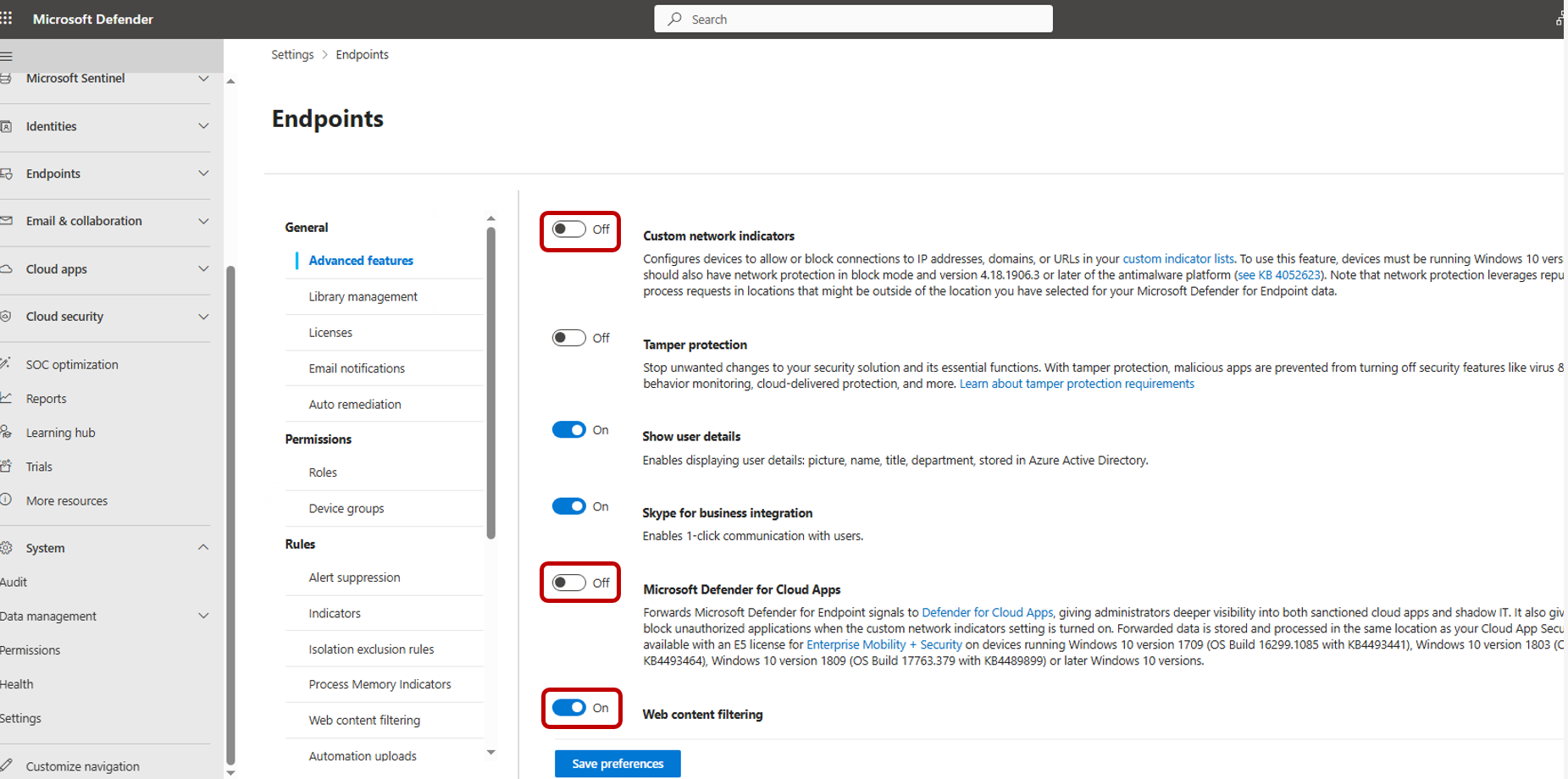 MDE Advanced Features settings
